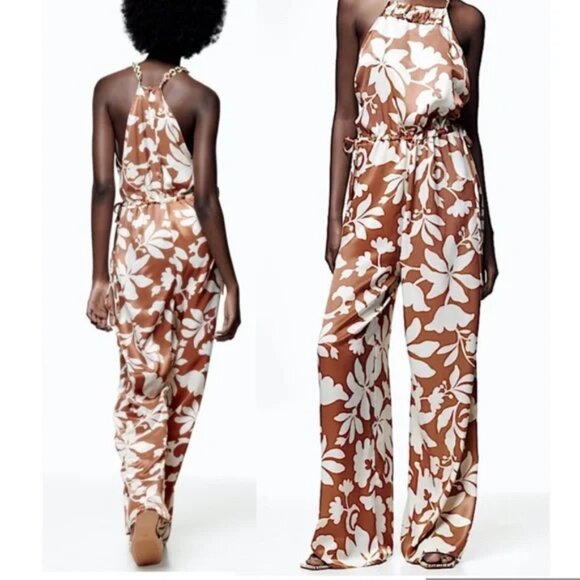 Zara NWT Brown White Floral Printed Jumpsuit Floral Satin With Neck Chains - Picture 1 of 11